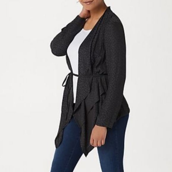 LOGO by Lori Goldstein Tops - LOGO Jacquard Cardigan with Tie Waist 2544